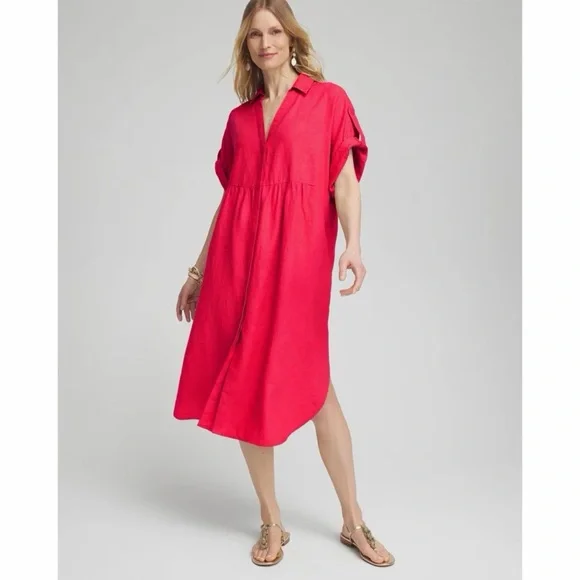 SOLD Chico’s Linen Roll Tab Dolman Midi Dress - Picture 2 of 13
